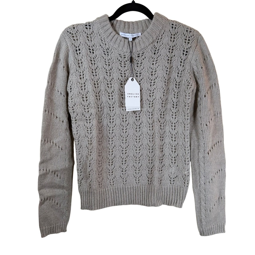 English Factory Fuzzy Open-Lace Knit Sweater Sz S Heather Grey Cozy Soft Neutral